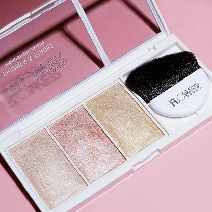 FLOWER Beauty By Drew Barrymore Shimmer + Strobe Highlighting Palette - Glowing Bronzer Powder Kit For Face + Blendable Coverage - Skintones + 3 Enhancing Colors (Strobe Brush) Included - Champagne Shimmer