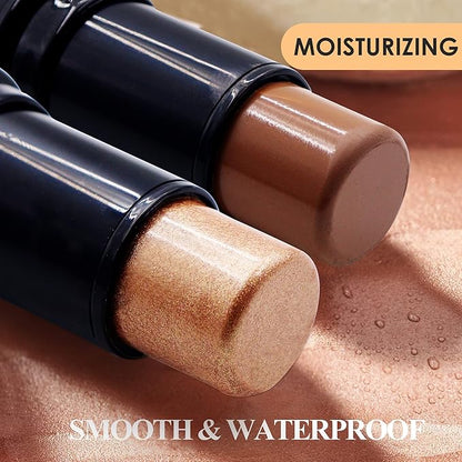 POPMISOLER 2pcs Makeup Highlighter & Cream Contour Stick, Natural Face Bronzer & Cool Toned Contour Kit for Beginners, Waterproof Shimmer Highlight Stick