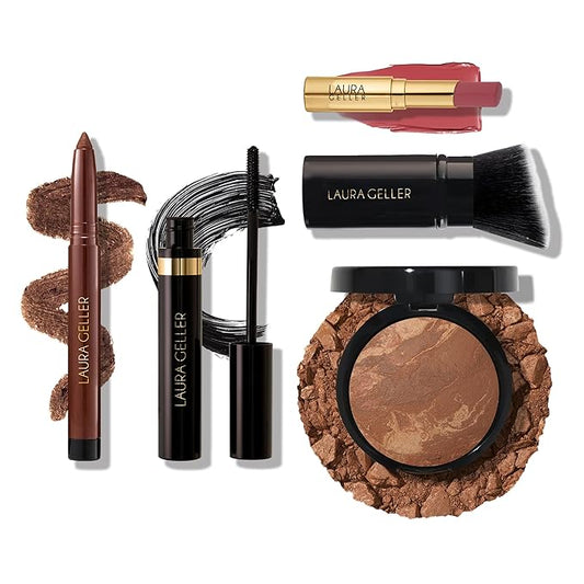 Finishing Touches Kit: Baked Balance-n-Brighten Powder Foundation, Toffee + Airbrush Kabuki + Jelly Balm Tinted Lip Balm, Figger Than Life + Kajal Eyeliner, Dark Brown + Kajal Mascara