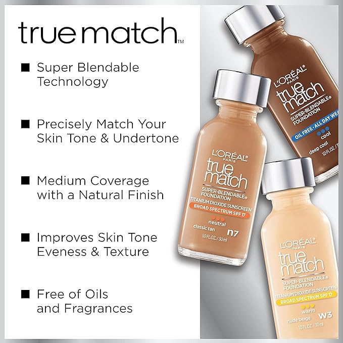 L'Oreal Paris Makeup True Match Super-Blendable Liquid Foundation, Natural Beige W4, 1 Fl Oz,1 Count