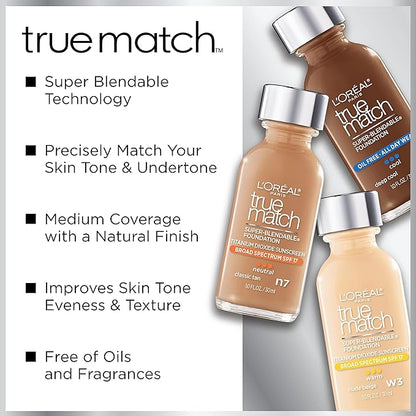 L'Oreal Paris Makeup True Match Super-Blendable Liquid Foundation, Natural Beige W4, 1 Fl Oz,1 Count