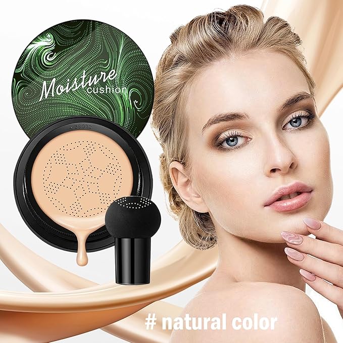7PCS Mushroom Head Air Cushion CC Cream Foundation,Natural BB Cream Foundation Makeup,Moisturizing One Step Color Corrector,Loose Setting Powder Set with Makeup Sponges A