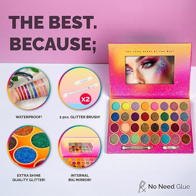 32 Colours Glitter Eyeshadow Palette, Make-Up Palette, Face and Body Glitter, glitter tattoos, festival accessories, Glitter Artistry Palette, Eye Shadow pallets for Women Girls Kids