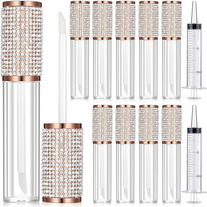 Maitys 12 Pieces Crystal Rhinestone Lip Gloss Wand Tubes Include 10 Pieces 5 ml Empty Lip Gloss Lip Balm Bottles with Rubber Stoppers and 2 Pieces 20 ml Plastic Syringe for Cosmetic (Rose Gold)