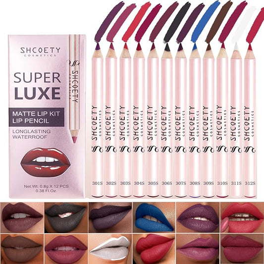 12 Colors Lip Liner Combo, Matte Nude Lipstick Long Lasting and Non-removal Waterproof Smooth Ultra Fine Texture High Pigmented Lip Plumping Brown Black Color Lip Pencil Makeup