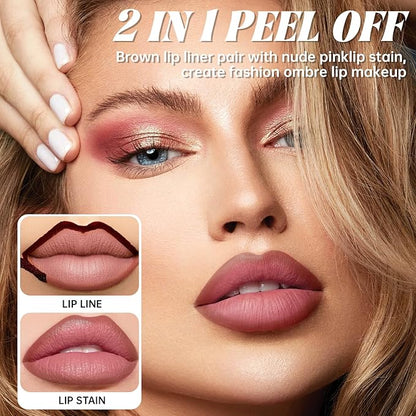 Peel Off Lip Liner and Lip Stain Set, Matte Lip Combo Set Brown Lips Liners Nude Pink Lip Tint for Gradient Plumping Big Lips Long Lasting Waterproof Liquid Tattoo Lip Gloss Kit Makeup