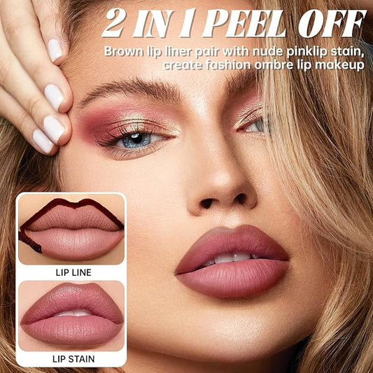 Peel Off Lip Liner and Lip Stain Set, Matte Lip Combo Set Brown Lips Liners Nude Pink Lip Tint for Gradient Plumping Big Lips Long Lasting Waterproof Liquid Tattoo Lip Gloss Kit Makeup