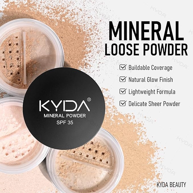 KYDA Mineral Powder Foundation, SPF 35, Lightweight Loose Powder Foundation, Skin-improving Mineral Foundation, Buildable Coverage, Natural Glow Base Makeup, 0.28 oz, Fair Light