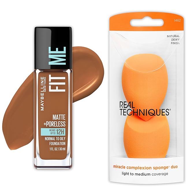 Maybelline Fit Me Matte + Poreless Liquid Foundation and Real Techniques Makeup Sponge Bundle, Includes 1 Foundation in Mocha and 2 Miracle Complexion Makeup Sponges
