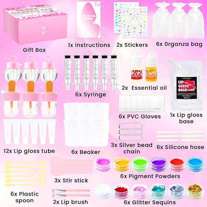 DIY Lip Gloss Making Kit 74 PCS, Pink Kids Lip Gloss Supplies Set Beginner, Fun Craft Set Moisturizing Base, Birthday Gift Set for Girls, Kids, Teenagers, Women