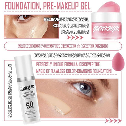 Color Changing Foundation Set,Flawless Liquid Foundation Full Coverage with Makeup Base Gel & Makeup Sponge Egg