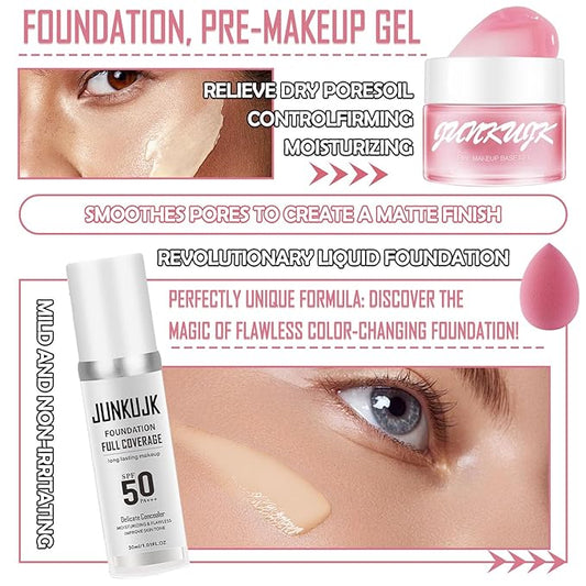 Color Changing Foundation Set,Flawless Liquid Foundation Full Coverage with Makeup Base Gel & Makeup Sponge Egg