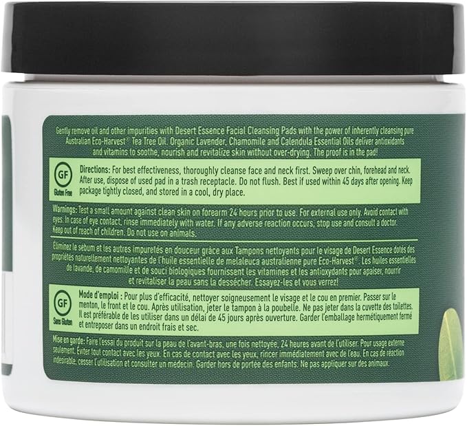 Desert Essence Natural Tea Tree Oil Facial Cleansing Pads - 50 Count - Pack of 3 - Face Cleanser - Soothes & Calms Skin - Makeup Remover Pads - Removes Oil & Dirt - Great for Travel - Essential Oils