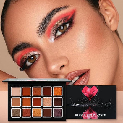 15 Colors Eyeshadow Palette Matte Shimmer Glitter, Highly Pigmented Eye Makeup, Warm Neutral Brown Red Shades, Blendable & Waterproof Eye Shadow Kit for Daily Wear, Smokey, Glam & Party Looks
