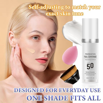 2PCS Color Changing Foundation,Full Coverage Flawless Non-greasy Liquid Foundation Set with Makeup Brush and Makeup Sponge,Suitable for All Skin Types A