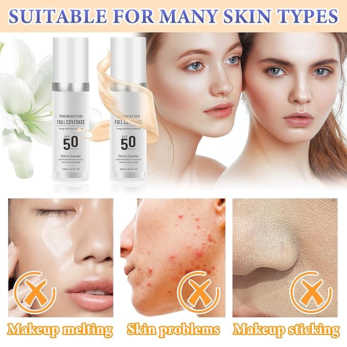 2PCS Color Changing Foundation,Full Coverage Flawless Non-greasy Liquid Foundation Set with Makeup Brush and Makeup Sponge,Suitable for All Skin Types A