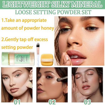 Loose Setting Face Makeup Powder Set,Lightweight Silky Mineral Loose Setting Powder Set with Makeup Brush & Foundation Face Makeup Puffs Set for Women（3PCS）