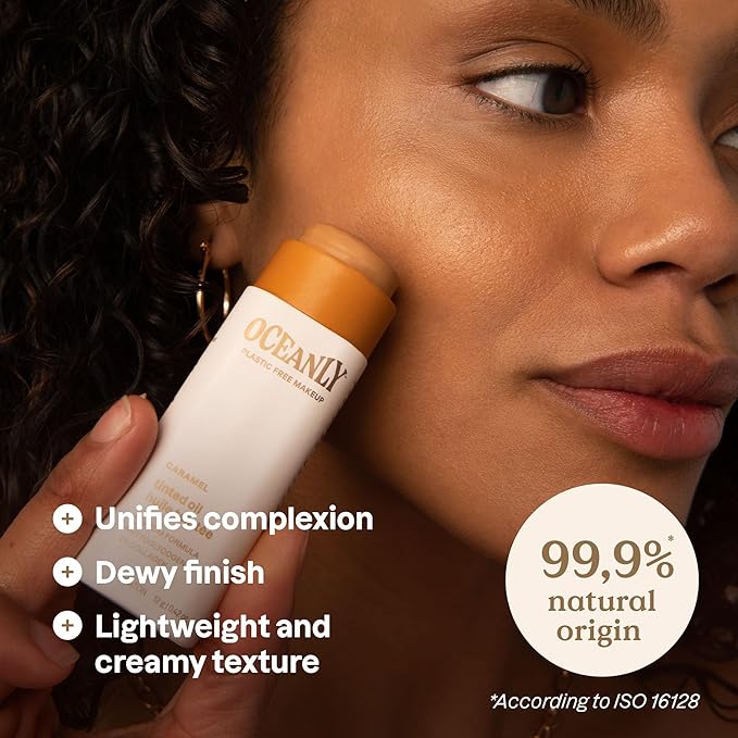 ATTITUDE Oceanly Light Coverage Face Tinted Oil Stick, EWG Verified, Titanium Dioxide-Free, Vegan & Cruelty-Free Tinted Moisturizer, Plastic-Free, Caramel, 0.42 Ounces