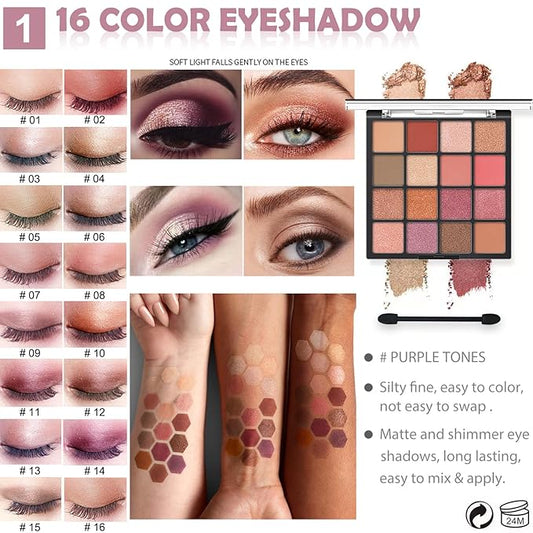 All in One Makeup Kit For Girls - 16 Colors Purple Eyeshadow Palette,7Pcs Makeup Brushes,Waterproof Eyeliner Pencil,Eyebrow Powder,Mascara,Corgi Cosmetic Bag,Women and Teens Makeup Gift Set