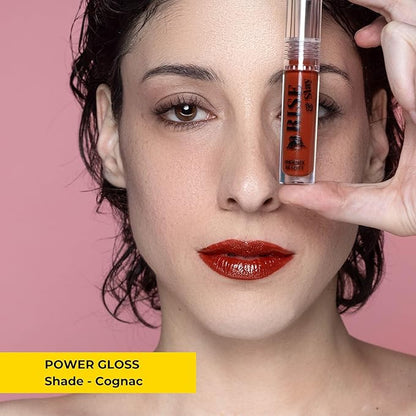 Rise & Slay Power Gloss – High-Pigment Hydrating Gloss Lipstick with Hyaluronic Acid, Jojoba & Castor Oil, Vit-E, Non-Sticky Vibrant Shine, Coffee Brown Summer Lips (Cognac, 4.5 ml)