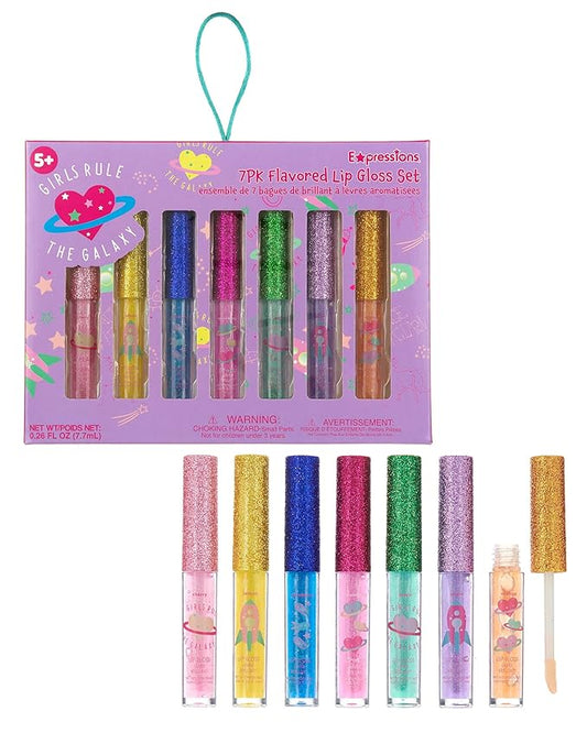 Expressions 7pc Girls Rule The Galaxy Lip Gloss Collection For Girls Teens & Women, Flavored Lip Gloss Glitter Lip Kit Party Favors