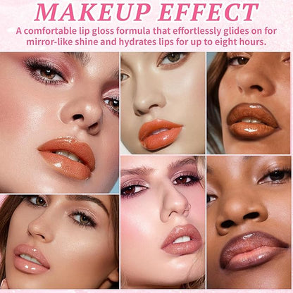 2 Colors Glitter Lip Gloss with Brown Lip Liner Combo for Women, Hydration Plumping Shimmer Natural Nude Tinted Lip Glow Oil Moisturizing Long Lasting High Shine Mini Liquid Lipstick