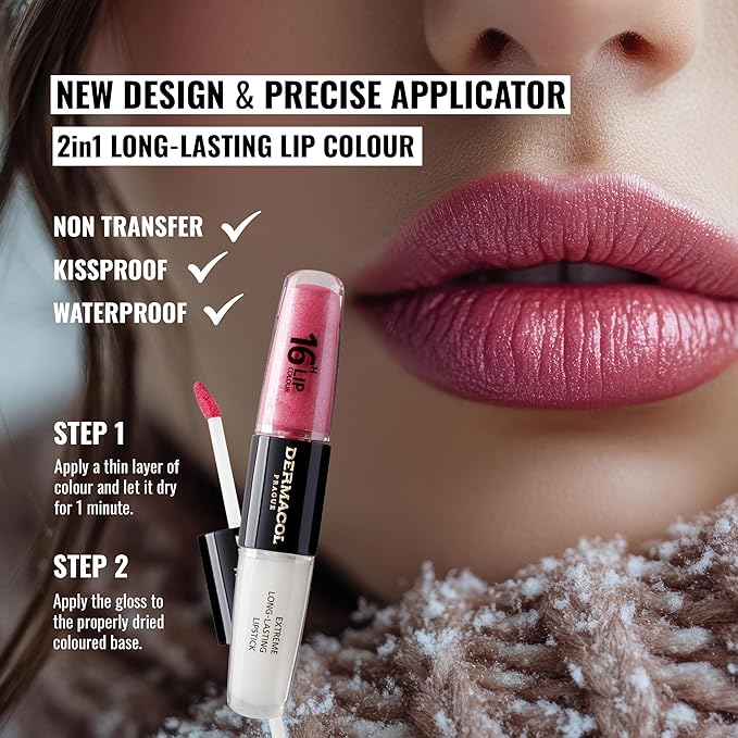 Dermacol NEW 16-Hour Lip Colour, Highly Pigmented Glossy Lip Stain, Two-Phase Lip Plumper Gloss, Kissproof Lip Makeup Products with Matte and Glitter Finish, n.15