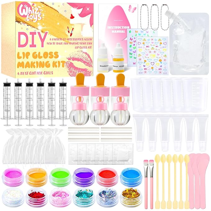 DIY Lip Gloss Making Kit 74 PCS, Yellow Kids Lip Gloss Supplies Set Beginner, Fun Craft Set Moisturizing Base, Gift for Girls, Kids, Teenagers, Women
