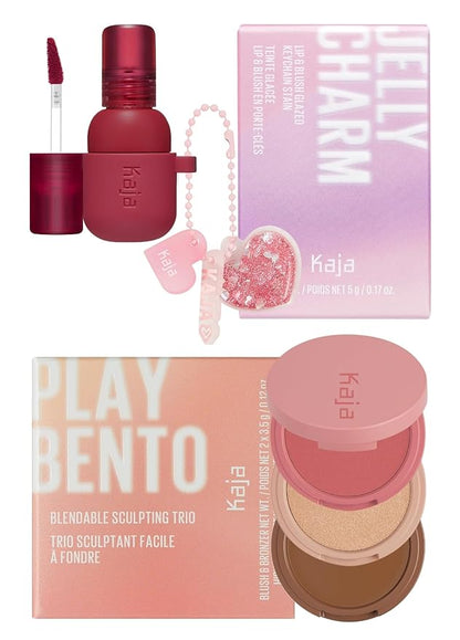 Kaja Lip & Blush Glazed Keychain Stain - Jelly Charm 02 Squeeze Guava + 3-in-1 Blendable Sculpting Trio - Play Bento 02 Cloud Latte Bundle