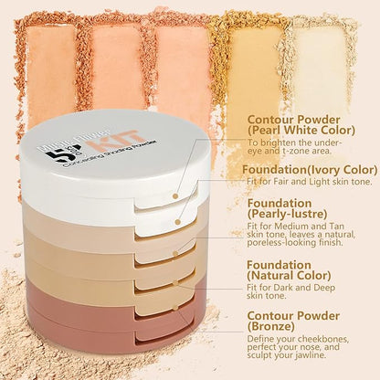 Pure Vie 5 Colors Long-Lasting Lightweight Multi-layer Matte Loose Setting Powder Face Makeup Contour Palette Concealing Shading Powder Foundation for Minimizes Pores & Perfects Skin