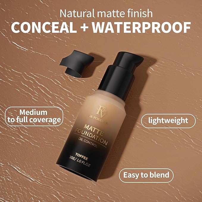FV Full Coverage Liquid Foundation, Lightweight & Concealing, Long Lasting Matte Foundation Makeup with Flawless Finish, Oil Control Waterproof Foundation for Oily Skin (Toffee Matte)
