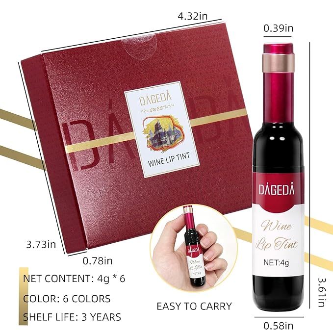 DAGEDA 6Pcs Wine Lip Tint, Lip Tint Stain Waterproof Wine Lip Stain Set, Liquid Lip Gloss, Non-stick Cup Lip Makeup Kit for Girls Women (D Set)