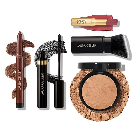 Finishing Touches Kit: Baked Balance-n-Brighten Powder Foundation, Golden Medium + Airbrush Kabuki + Jelly Balm Tinted Lip Balm, Figger Than Life + Kajal Eyeliner, Dark Brown + Kajal Mascara