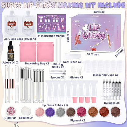 Lip Gloss Making Kit, 58PCS DIY Lip Gloss Kit, Lipgloss Making Kit for Women, Beginner, Girls, Moisturizing Lipgloss Base Moist, Double-Ended Tubes, Jojoba Oil, Tween Girls Gift Trendy Stuff