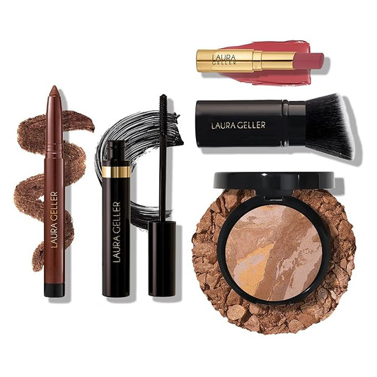 Finishing Touches Kit: Baked Balance-n-Brighten Powder Foundation, Tan + Airbrush Kabuki + Jelly Balm Tinted Lip Balm, Figger Than Life + Kajal Eyeliner, Dark Brown + Kajal Mascara