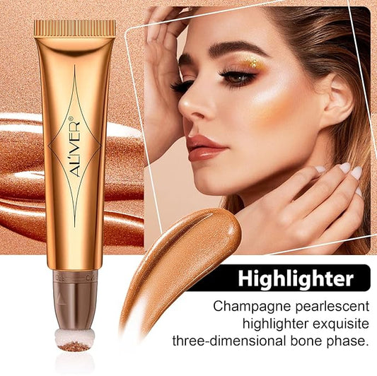 Highlighter Makeup Stick,Liquid Beauty Highlighter Wand with Cushion Applicator,Long Lasting Smooth Natural Matte Finish, Lightweight fairy Highlighter Stick (05-Gold)