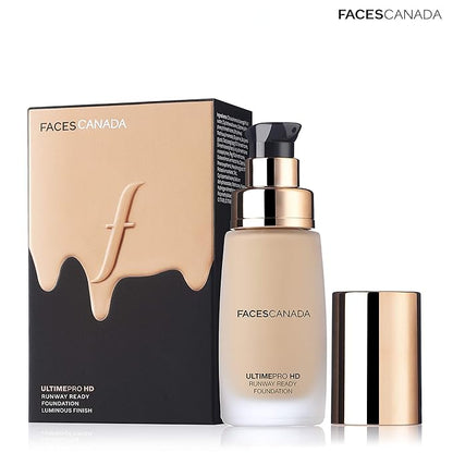 Faces Canada HD Runway Ready Foundation, Red Orange Extract & Gold particles, High Coverage, Oil-Free, Flawless Radiance, Vegan & Cruelty Free, Paraben Free, Natural 02 (Beige), 1.01 Fl Oz