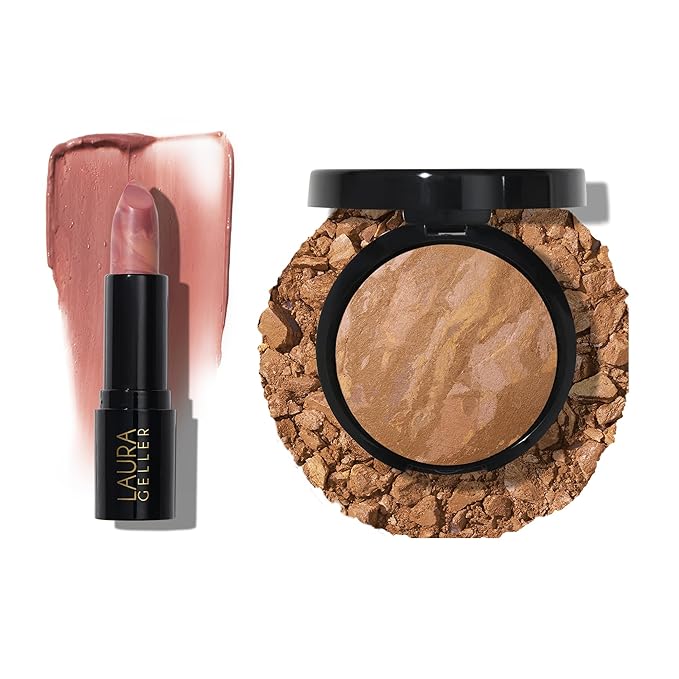 LAURA GELLER NEW YORK Baked Balance-n-Brighten Powder Foundation, Sand + Italian Marble Sheer Hydrating Lipstick, Al Fresco