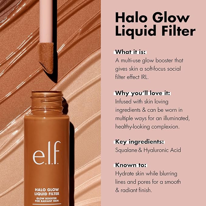 e.l.f. Halo Glow Liquid Filter, Complexion Booster For A Glowing, Soft-Focus Look, Infused With Hyaluronic Acid, Vegan & Cruelty-Free, 8.5 Rich