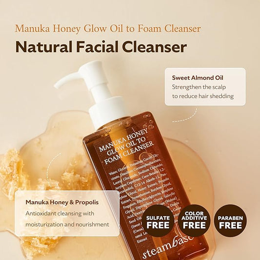 Manuka Honey Glow Oil to Foam | Daily Makeup Remover and Cleanser, Hydrating Foaming Face Wash for Dry Skin, Double Cleanse | Korean Facial Oil Cleanser, 7.27 fl oz