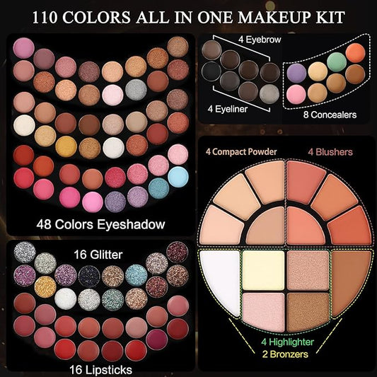 110 Colors Makeup Kit for Women Girl Full Kit Gift Set with Mirror All in One Make up Palette Included Eyeshadow Glitter Lipstick Concealer Eyeliner Eyebrow Highlighter Contour Blusher Compact PowderN
