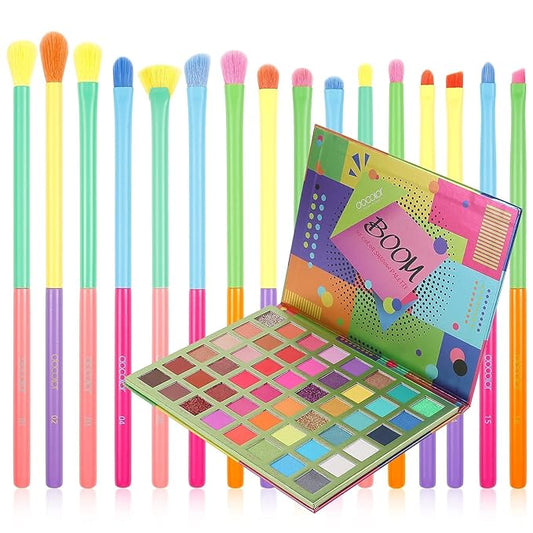 Docolor 16Pcs Colorful Eye Makeup Brushes Set + 48 Colors BOOM Eeyshadow Palette Pigmented Matte Shimmer Metallic Blendable Soft Cream Powder Makeup Eye Shadow Palettes