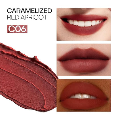 Mistine Cream Lip Gloss Thai latte Long Lasting Lip Gloss Non-sticky Silk Smooth Mist Matte Finish Lip Tint Gloss C06 Caramelized Red Apricot 0.1 fl oz 1 Count