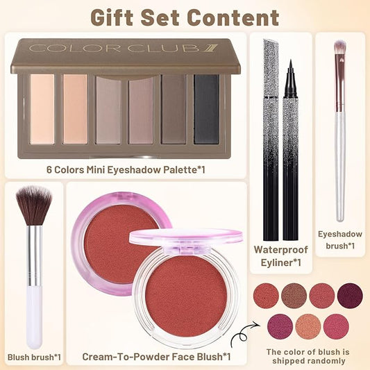 Makeup Kit for Women Full Kit All In One Make up Gift Set for Teens Girls Including 6 Colors Mini Naked Eyeshadow Palette, Cream-To-Powder Matte Face Blush, Waterproof Eyeliner, 2PCS Brushes 01