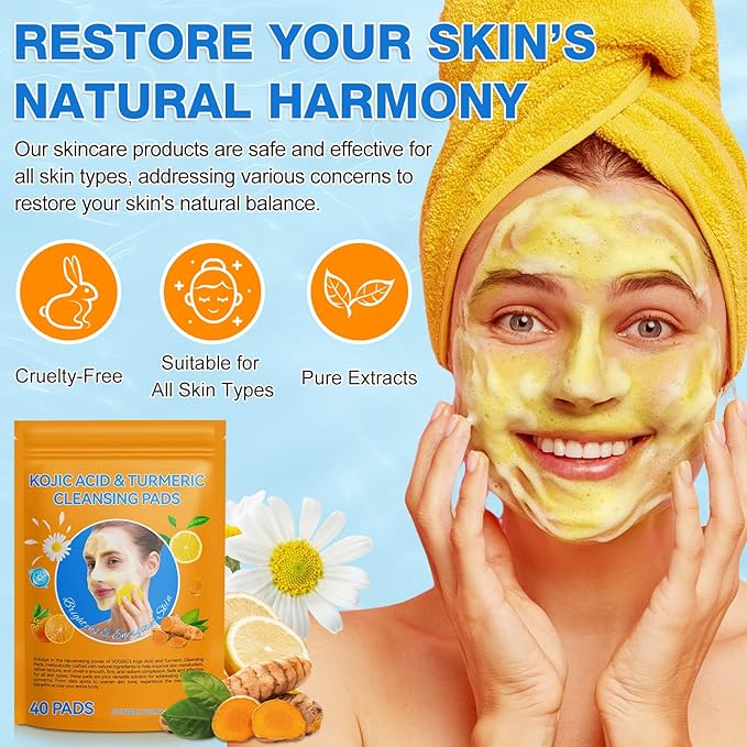 Turmeric Cleansing Pads Kojic Acid Turmeric Cleansing Pads, Face Turmeric & Kojic Acid Pads for Dark Spots, Glow Up Acne Scars, Unclog Pores, Enriched Vitamin C,Gentle & Non-Irritating