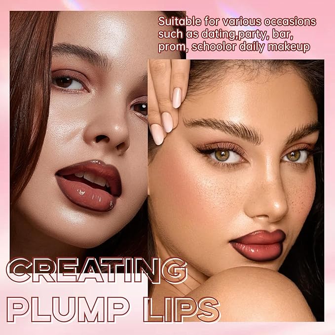 2 Colors Nourishing Lip Gloss Brown Lip Liner Combo, Hydration Plumping Lip Glow Oil Set for Women, Moisturizing Lightweight Long Lasting High Shine Lip Tint, Mini Liquid Lipstick Makeup Kit