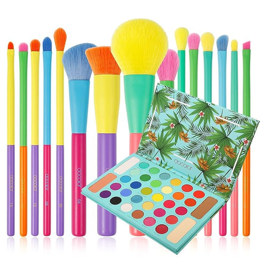 Docolor 15 Pcs Colourful Makeup Brush Set + 34 Colors Tropical Eeyshadow Palette Pigmented Matte Shimmer Metallic Blendable Soft Cream Powder Makeup Eye Shadow Palettes for Christmas Gift