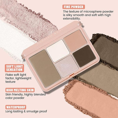 Cool Toned Contour Palette Makeup, All in 1 Highlighter Blush Bronzer Palette for Women, Smooth Long Wear Buildable Nude Primer Powder Three-Dimensional Natural Contouring Face Cosmetic Gift