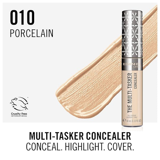 Rimmel London, Multi-Tasker Concealer, 010 Porcelain, Crease-Proof, Transfer-Proof, Waterproof, Up To 24-Hour Wear, Vegan Formula, 0.33oz
