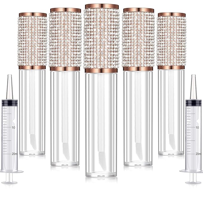 Maitys 12 Pieces Crystal Rhinestone Lip Gloss Wand Tubes Include 10 Pieces 5 ml Empty Lip Gloss Lip Balm Bottles with Rubber Stoppers and 2 Pieces 20 ml Plastic Syringe for Cosmetic (Rose Gold)
